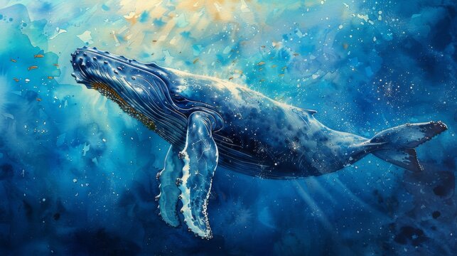 Illustration of a humpback whale in watercolor. Underwater fauna.