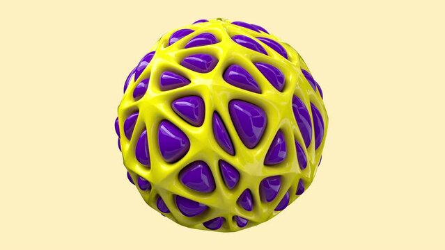 Yellow abstract 3D rotating and distortion alien sphere interspersed with purple bubbles. Bio form concept. Seamless looped. 3d animation. 4k.
