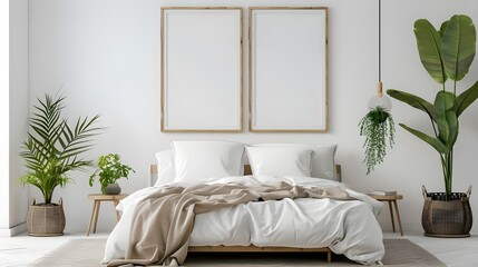 Poster mockup with two vertical frames on empty white wall in bedroom interior with bed, green plaid and plants. 3D rendering ai generated 