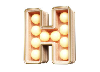 Alphabet marquee font made of wood. Eye-catching letter H with soft yellow light bulbs design. High quality 3D rendering.
