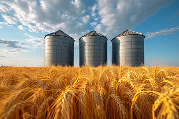 Silos in a wheat field. Storage of agricultural product	 - Powered by Adobe