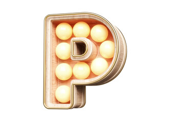 Wooden marquee light 3D letter P. Retro style light box typography. High quality 3D rendering.