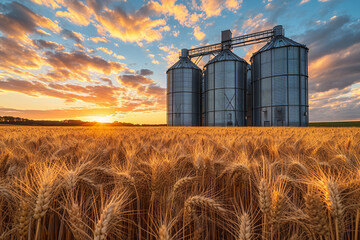 barley field. Storage of agricultural products. elevator and wheat field - obrazy, fototapety, plakaty