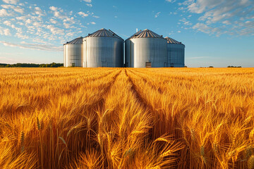 barley field. Storage of agricultural products. elevator and wheat field - obrazy, fototapety, plakaty