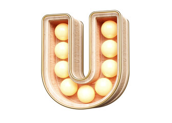 3D rendering luminous letter U made of wood. Retro style lettering design with light bulbs. High quality 3D rendering.