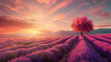 Muurstickers Lavender field at sunset  © Martinesku