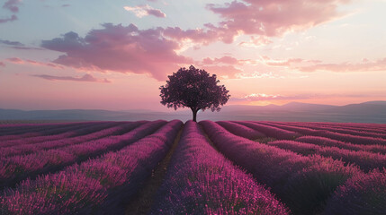 Lavender rows lines at sunset iconic Provence fields landscape
 - obrazy, fototapety, plakaty