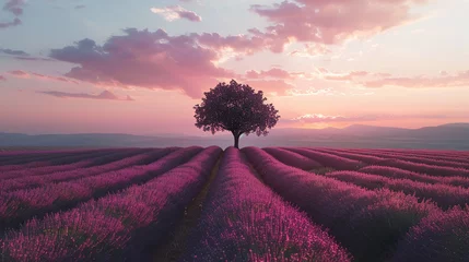 Foto op Plexiglas Lavender rows lines at sunset iconic Provence fields landscape  © Martinesku