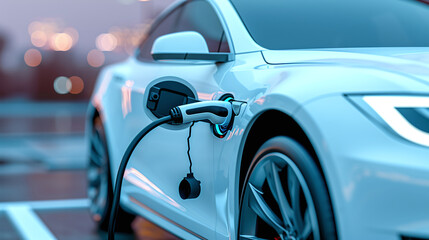Close-up of electric car charging, ecology transportation conept.