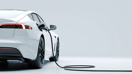 Electric white car charge battery energy in station. Banner on white background with copy space...