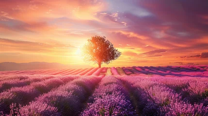 Keuken foto achterwand Lavender rows lines at sunset iconic Provence fields landscape. © Martinesku