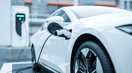 Close-up of electric car charging, ecology transportation conept.