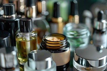 Closeup of various skincare products in jars and bottles showcasing a range of beauty and cosmetic items. Concept Skincare Products, Beauty Items, Cosmetic Items, Jars and Bottles, Closeup Shots