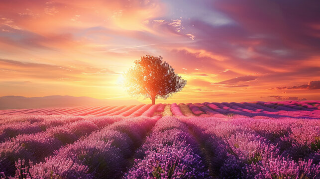Lavender rows lines at sunset iconic Provence fields landscape.