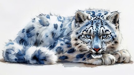 The snow leopard is a cute animal. Watercolor illustration. Arctic wildlife. Polder animal. - obrazy, fototapety, plakaty