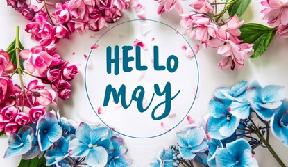 "HELLO MAY" written with pink and blue flowers, white background elegant font style Generative AI
