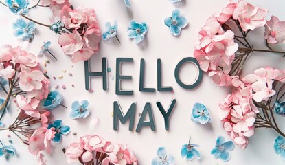"HELLO MAY" written with pink and blue flowers, white background pastell color palette Generative AI