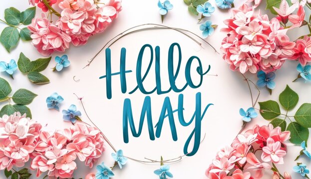 "HELLO MAY" written in elegant script, with soft pastel pink and blue flowers forming an oval frame around it on white background Generative AI