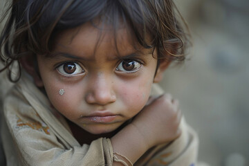 Close-up portrait of hungry, starving, poor little child looking at the camera.
