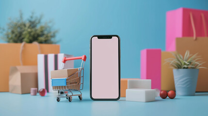 Parcel boxes, shopping carts, and smartphone and all present objects on blue background for shopping online concept design or advertising design