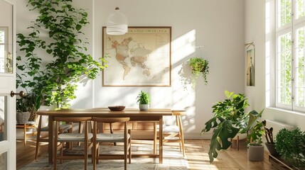 A dining room filled with greenery and style, featuring a wooden table, seating, plants, a window, a poster map, and elegant accessories in a contemporary home setting