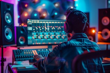 Sound engineer uses digital audio workstation software on computer screen to mix music while singer records in soundproof studio. Concept Sound Engineering, Digital Audio Workstation, Music Mixing
