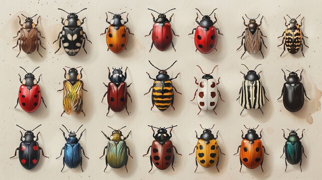 Cartoon insects in watercolor. Wasp, bee, bumblebee, butterfly, worm, caterpillar, beetle, ladybug, grasshopper, mosquito, dragonfly, spider, snail, ant.