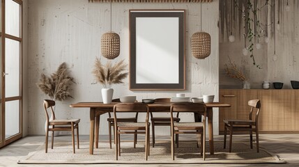 A dining room styled with a rustic flair, featuring a walnut wooden table, retro chairs, decorations, a dried flower in a vase, and a mock-up picture frame, set in a minimalist home decor theme