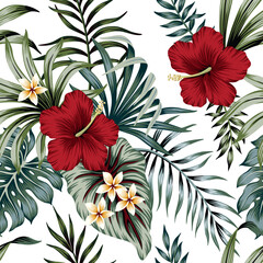 Tropical red hibiscus flower, palm leaves seamless pattern. Exotic jungle wallpaper.	