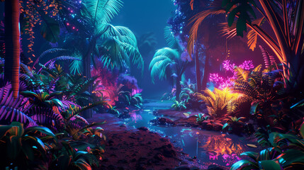 Fototapeta na wymiar Neon Wilderness: Colorful Synthwave Jungle Dreams 