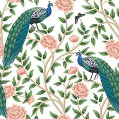 Peacock bird, butterfly, pink rose tree floral seamless pattern white background. Chinoiserie wallpaper.
- 768222526