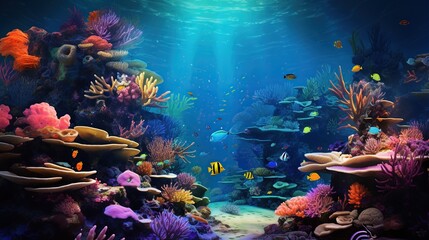 Obraz na płótnie Canvas Beautiful underwater view with various coral reef and fishes and sun rays. Sea world underwater. Diving and snorkeling concept background.