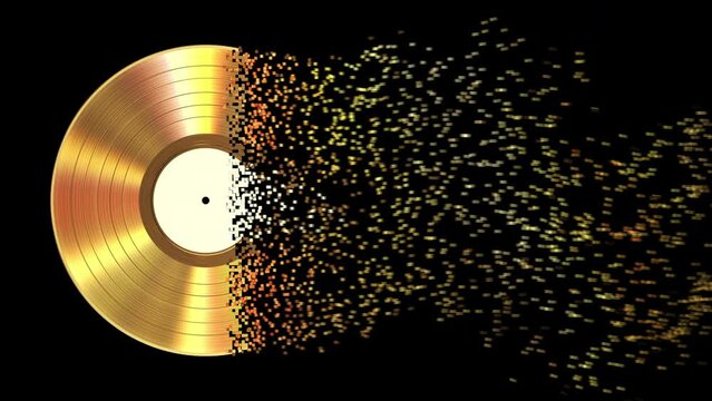 Iridescent gold vinyl disc crumbles into pixels. 3d animation. 4k.