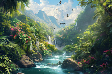 A lush jungle with a river flowing through it