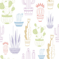 Various hand-drawn cacti in pots. Doodle Indoor plants. Colorful graphic vector seamless pattern
