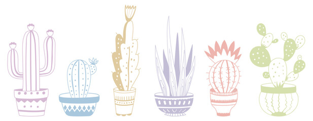 Various hand-drawn cacti in pots. Set of 6 indoor plants in doodle style. Color graphic vector illustration