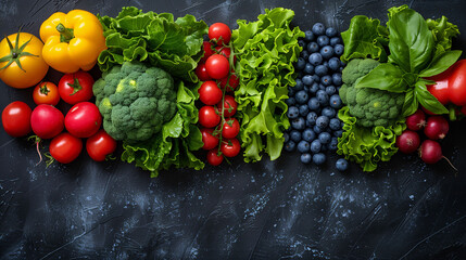 Assortment of fresh vegetables and fruits arranged in a rainbow gradient on a dark background. - obrazy, fototapety, plakaty