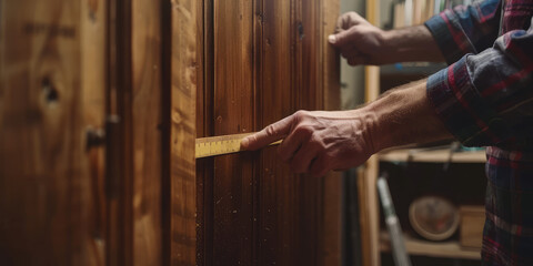 Close-up  male employee measuring dimensions of a door, doorway. Background for door installation company, free visit of measuring technician.
