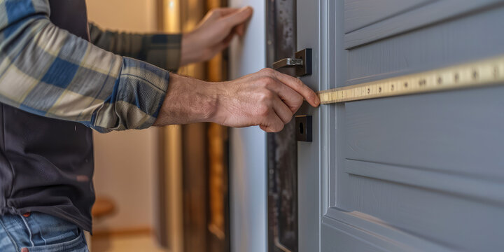Close-up  male employee measuring dimensions of a door, doorway. Background for door installation company, free visit of measuring technician.