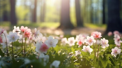 Beautiful primroses flowers growing in the forest with sunlight in nature. Spring forest landscape on blur background. - obrazy, fototapety, plakaty