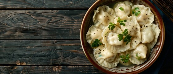 Wide-angle shot of steamed dumplings with black sesame and parsley garnish in a ceramic bowl, set on a dark wooden background with rich textures. - obrazy, fototapety, plakaty