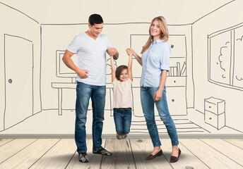 Cheerful young parents with child enjoy room interior