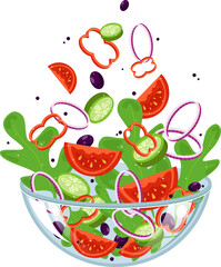 Set of Various chopped fresh vegetables falling into a transparent glass bowl on a transparent background.