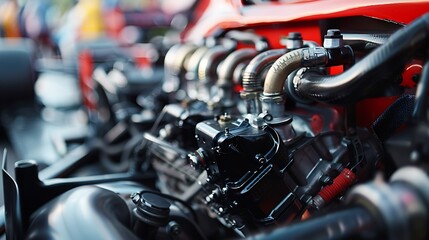 Detailed view of a classic V8 engine block with shiny chrome valve covers and exhaust headers - obrazy, fototapety, plakaty