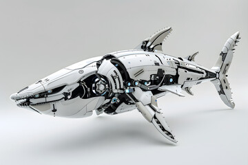 White shark robot on gray background - obrazy, fototapety, plakaty