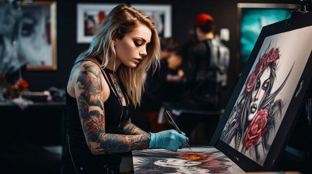 tattoo artist painting picture on easel in modern art studio