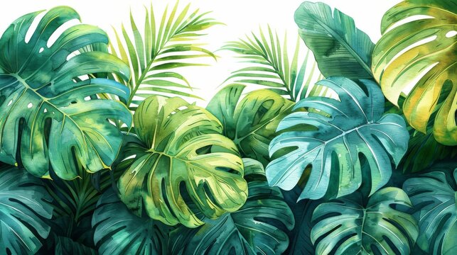 Watercolor tropical seamless pattern with hand-drawn jungle nature illustrations