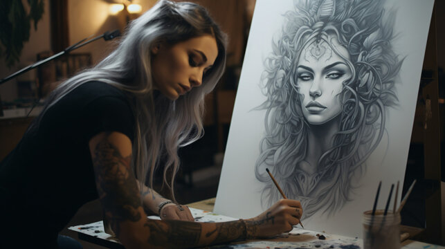 Tattooed young woman painting on canvas in art studio.