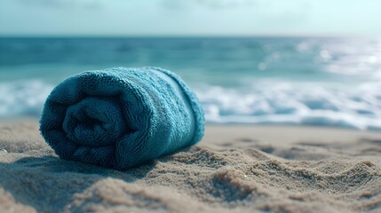 Close up of a blue rolled Towel on Beach Sand. Vacation Background with Copy Space - obrazy, fototapety, plakaty