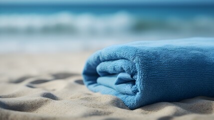Close up of a blue rolled Towel on Beach Sand. Vacation Background with Copy Space
